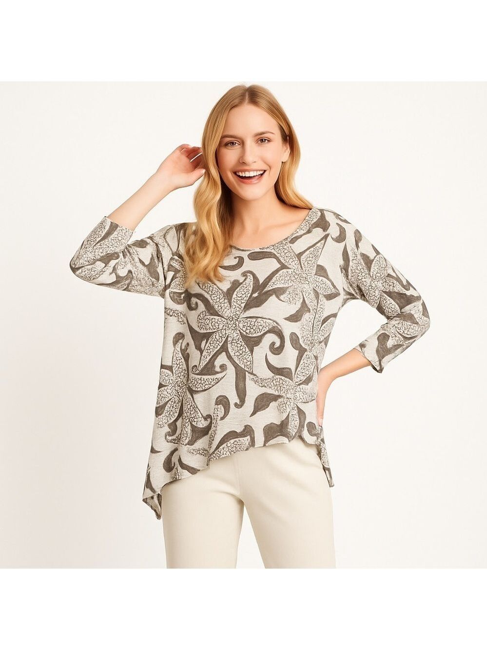 SUN MODA Gray & Cream Starfish Print Asymmetrical 3/4 Sleeve Tunic Top Size S